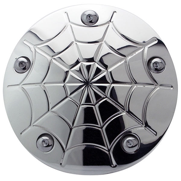POLISHED ALUMINUM - 5-Hole - Twin Cam Motors - Points Cover - Spider Web